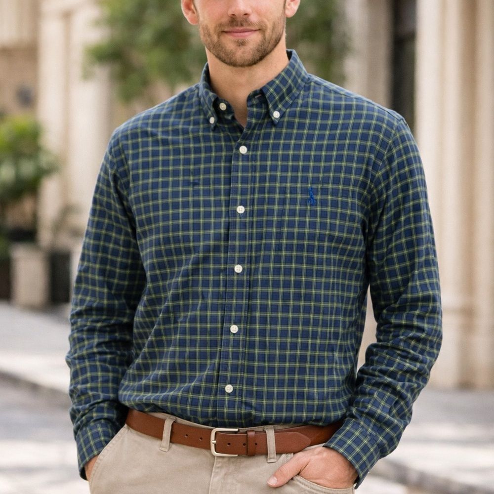 Ralph Lauren Classic Fit Button Down Shirt Green Blue Plaid Mens Small